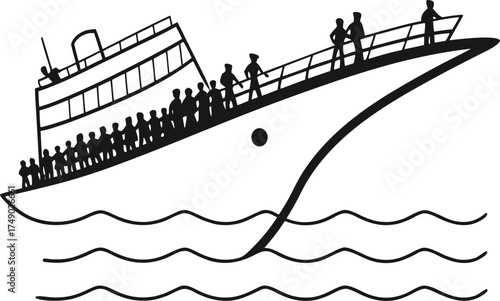 Silhouetted passengers aboard a cruise ship sailing on the ocean under a bright sky on a summer vacation