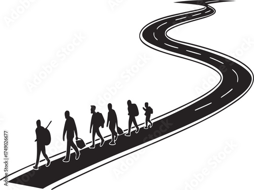 Silhouette of refugees walking on a winding road symbolizing migration and the journey to a new destination