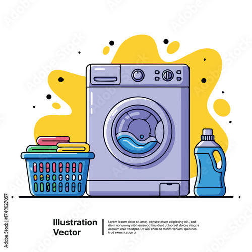 Washing machine with a basket of clean clothes and detergent for household laundry chores