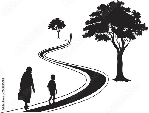 Silhouette of family walking on a winding road with trees illustrating life's journey and generations passing