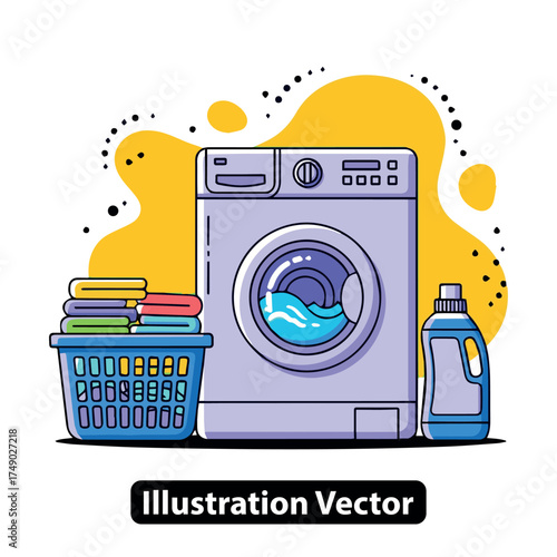 Fresh and clean laundry day illustration with a washing machine and basket of folded clothes