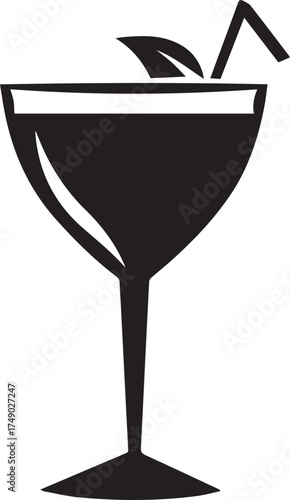 Black silhouette of a cocktail glass with straw and garnish isolated on white background