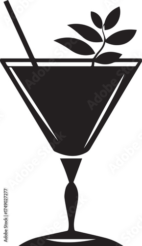 Black silhouette of a cocktail with a straw and garnish isolated on white background