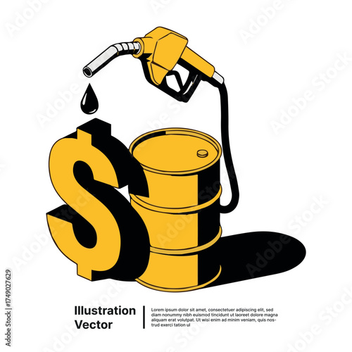 Fueling the Economy Isometric Oil Barrel, Dollar Sign, and Gas Pump Illustration