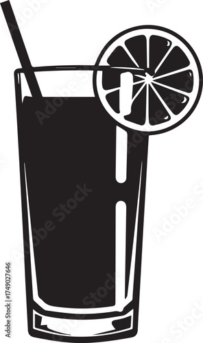 Tall glass of dark beverage with straw and citrus slice isolated on white background
