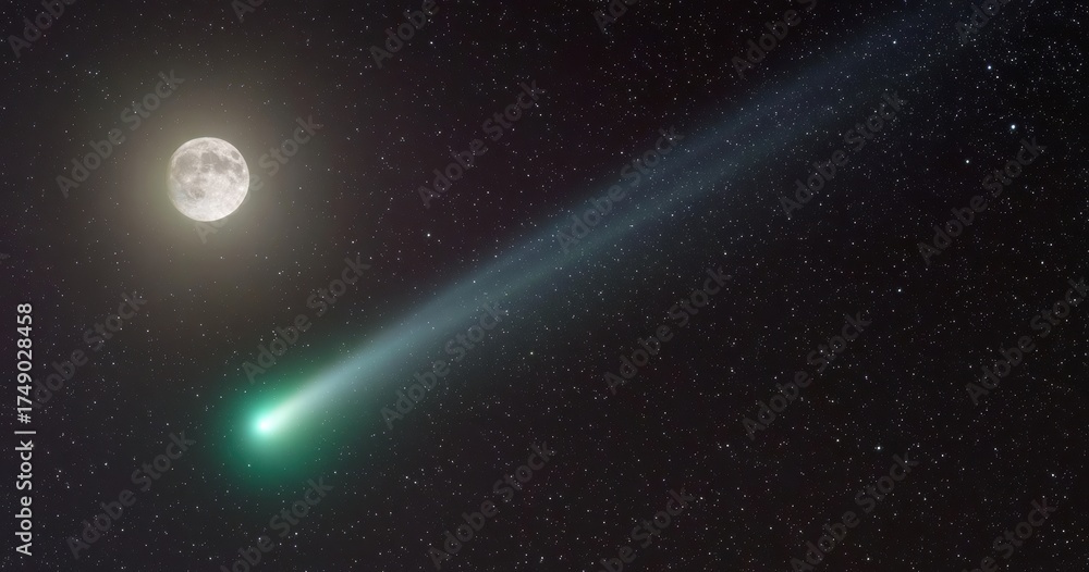 Fototapeta premium Green comet with luminous tail and full moon in starry night sky, representing cosmic space astronomy and celestial event concepts.