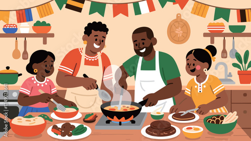 Happy Family Cooking Together in a Festive Kitchen