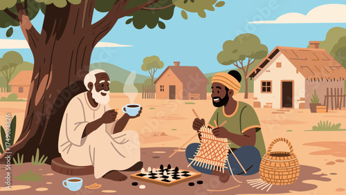 Village Life Chess Craft and Conversation Under a Tree