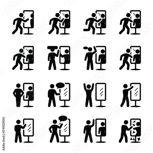 People interacting with reflective mirror icon set
