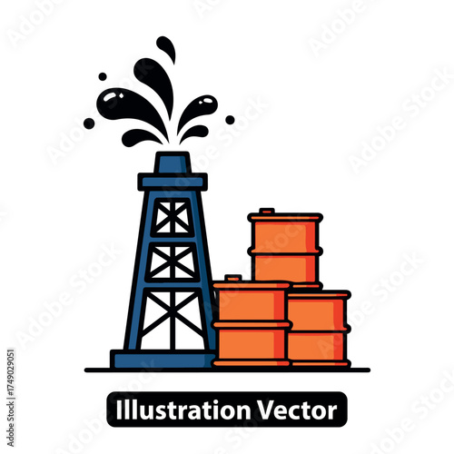 Oil Pumpjack with Barrels Illustration Energy Industry Icon Vector