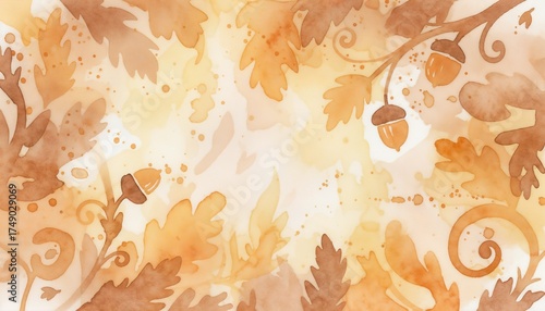 Autumn themed background with watercolor leaves and acorns for seasonal decor

