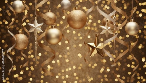 Elegant golden Christmas decorations and stars on a bokeh background for festive celebrations
