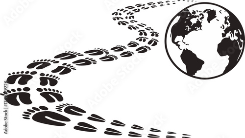 Footprints leading to the world globe symbolizing global impact and environmental footprint awareness concept