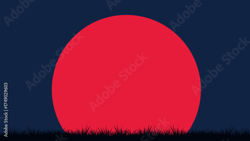 Big red sun on dark night sky background with silhouette of grass field at horizon, minimal Japanese style vector illustration, rising sun concept, abstract landscape scenery, oriental culture design