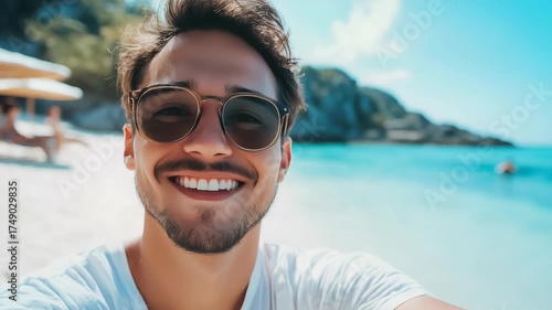 close-up shot of a good-looking male tourist. Enjoy free time outdoors near the city. Looking at the camera while relaxing on a clear day Poses for travel selfies smiling happy tropical