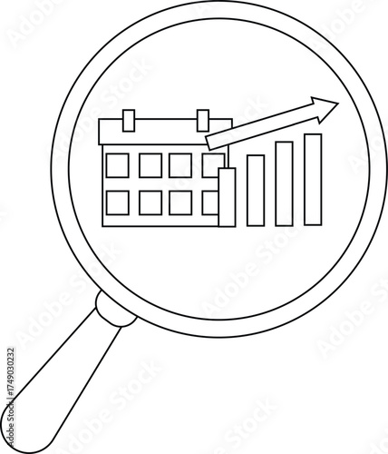 Magnifier lens reveals calendar and rising graph conveying analysis or planning