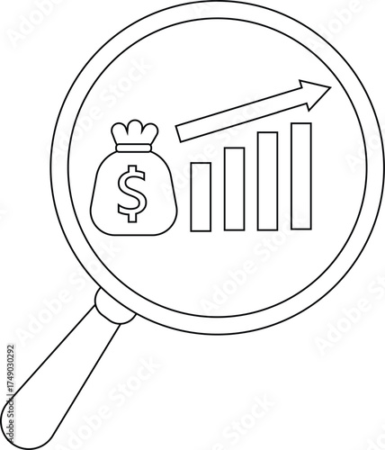 Magnifying glass focusing on moneybag upwardtrend graph and arrow