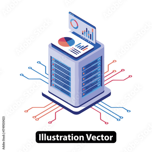 Isometric illustration of a server rack with a data analytics dashboard for hosting and cloud computing