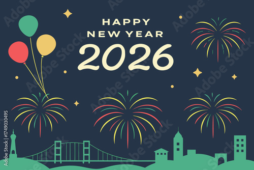 Vector art of colorful happy new year 2026 celebration with fireworks and balloons