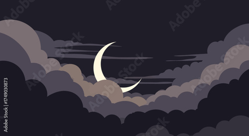 Crescent moon peeking through dark clouds at night.