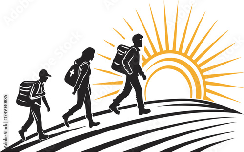 Team of hikers walking towards the sunrise on a hill representing journey and adventure in vector format