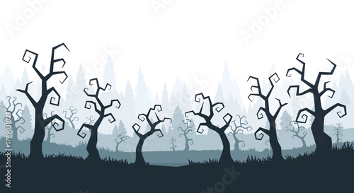 Spooky Bare Trees Silhouettes in a Creepy Forest.