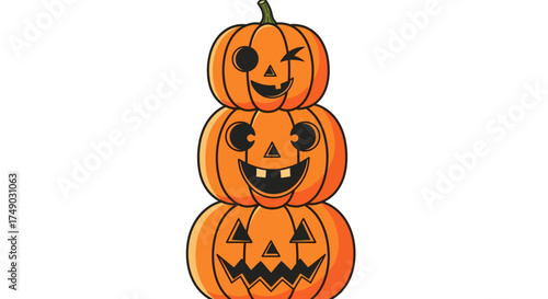 Stack of three carved Halloween pumpkins with different facial expressions.