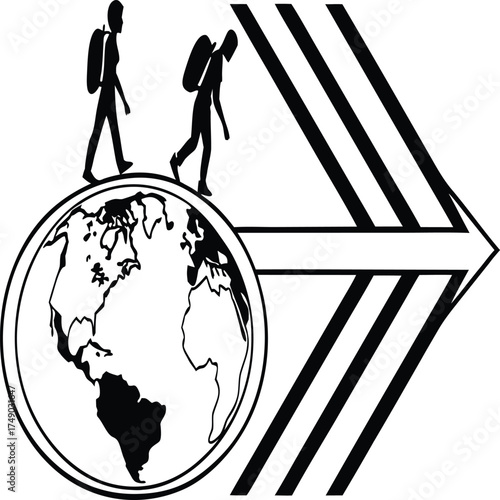 People with backpacks walking on the earth towards a forward direction arrow symbolizing global travel
