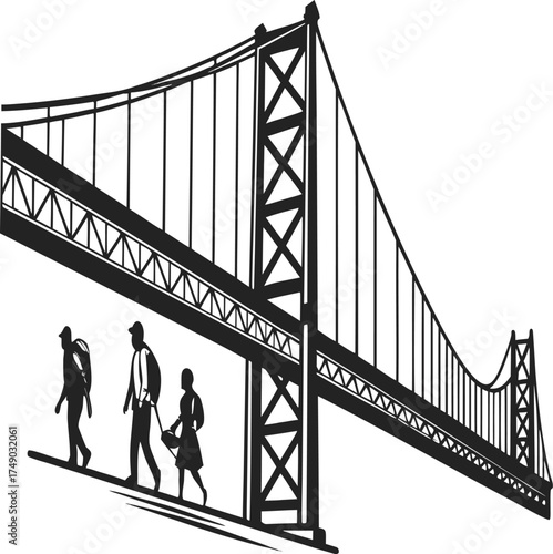 Silhouetted family walking across a large suspension bridge together on a sunny day for exercise and adventure
