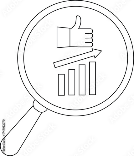 A magnifying glass encompasses a thumbsup icon an upward arrow and three bar graphs increasing in height