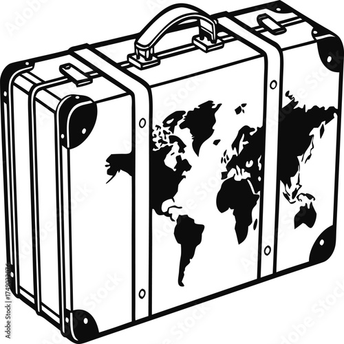 Vintage suitcase with world map design ready for travel and adventure around the globe exploration trip