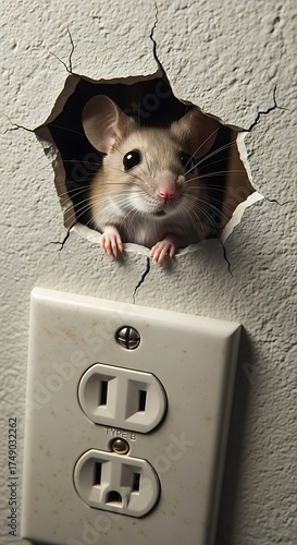 Wallpaper Mural Mouse Peeking Through Wall Hole Above Electrical Outlet. Torontodigital.ca