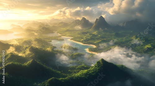 The image captures a breathtaking view of a tropical paradise, with verdant mountains, a serene river, and a sandy beach under a cloudy sky.