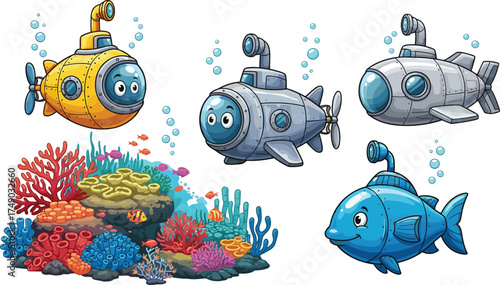 Cartoon submarines underwater, fish submarine, coral reef, bubbles, ocean exploration, kids illustration, marine life, periscope, colorful sea plants
