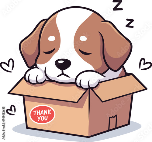 Cute sleeping puppy in cardboard box, thank you sticker, cartoon dog illustration, peaceful pet, adorable animal, love hearts, white background