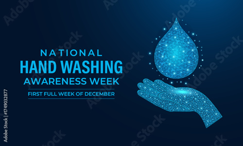 Low-poly futuristic banner concept for handwashing awareness, showing stylized human hands and a neon water droplet on a modern blue digital background. Social media and background design template.