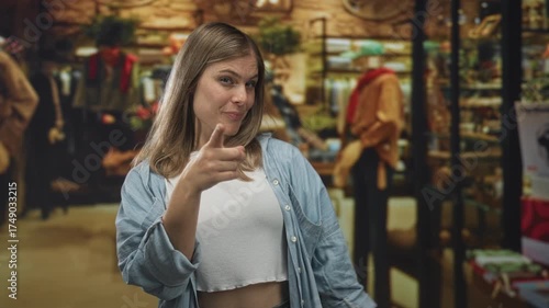 Wallpaper Mural Young blonde woman making phone gesture with hand and pointing finger inside clothing shop building, smiling direct at camera; friendly casual confidence. Torontodigital.ca