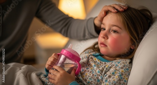 Young girl with flushed cheeks and fever resting in bed, parent hand checking temperature