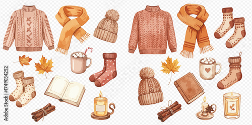 Watercolor illustration of cozy autumn and winter essentials including sweaters, scarves, hats, socks, hot drinks, books, and candles.