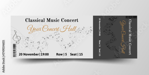 Elegant classical music concert ticket template with modern layout. The design features flowing musical notes, treble clef. Vector illustration.