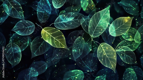 A close up of green leaves with a blue background