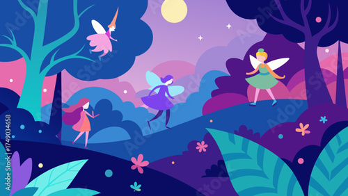 Magical fantasy forest fairies collage background illustration