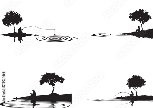 Silhouette of a person fishing by the lake under a tree, reflecting peace, relaxation, nature, and solitude — concept of outdoor recreation, calm lifestyle, and mindfulness in natural scenic environme