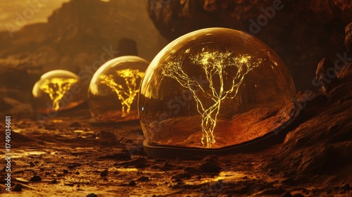 Three glass orbs with a tree inside of them