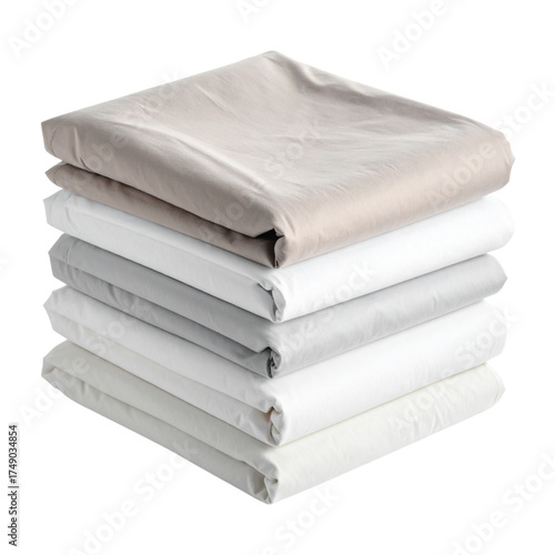 Folded bedsheets stack in neutral colors on transparent background
