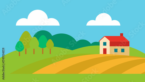 Peaceful Farm Village Countryside Landscape Illustration