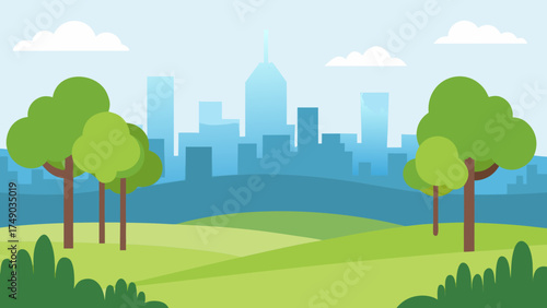 Beautiful vector nature park landscape with city and clear blue sky