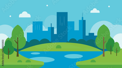 Minimal vector landscape featuring park pond and distant city view
