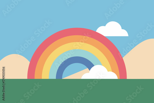 Pastel sky nature landscape with rainbow and gentle rolling hills