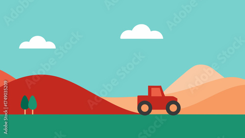 Tractor Working in Field Nature Landscape Vector Illustration